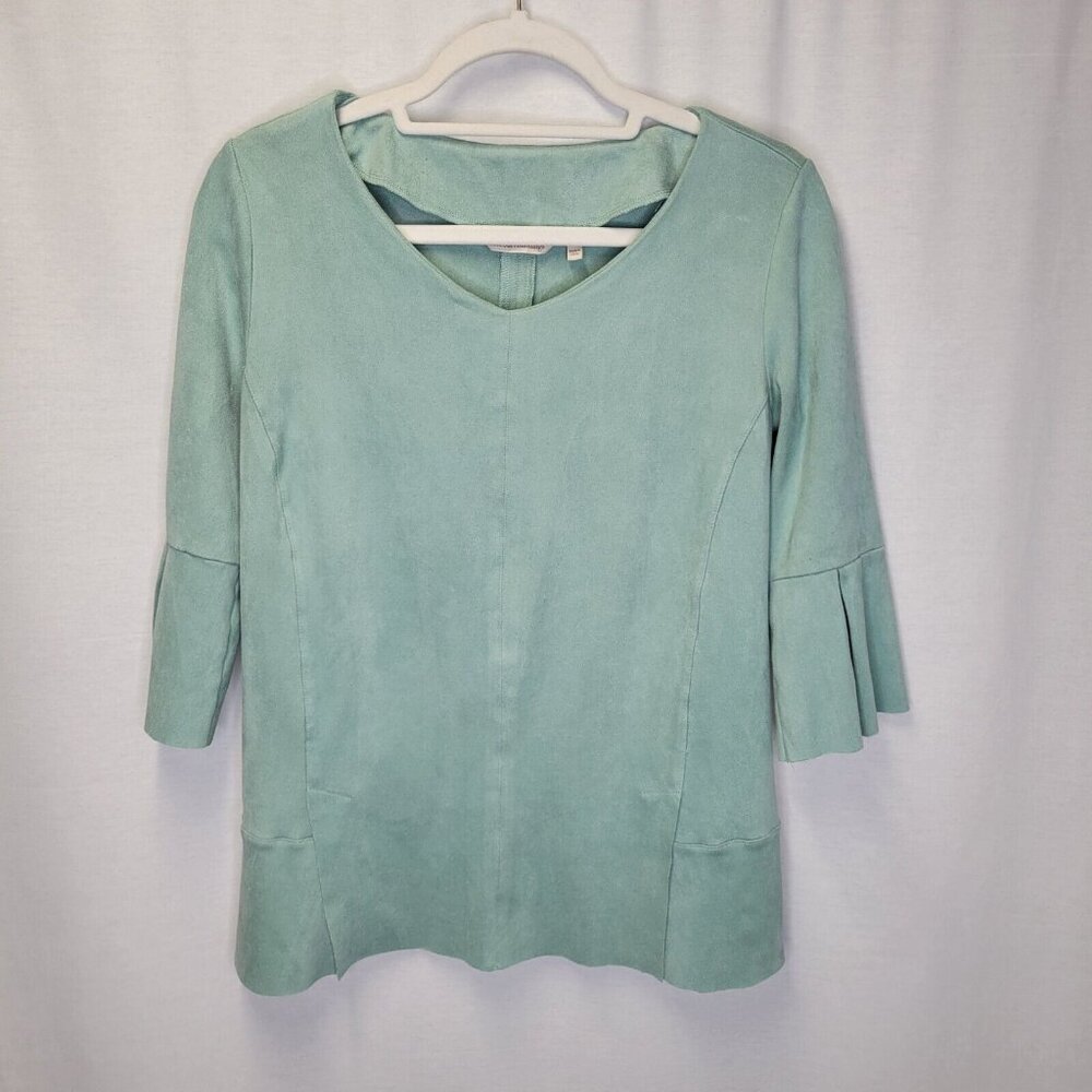 Soft Surroundings Women's Small Shirt Top Blue 3/4 Sleeve Suede Feel Fabric